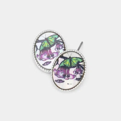 Fashnzfab Butterfly Printed Oval Mother Of Pearl Stud Earrings In Metallic