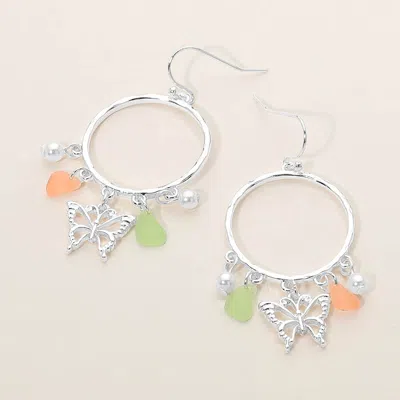 Fashnzfab Butterfly Sea Glass Charm Drop Open Ring Dangle Earrings In Silver