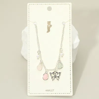 Fashnzfab Butterfly Sea Glass Pearl Charm Station Anklet In Silver