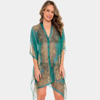 Fashnzfab Button Detail Paisley Print V-neck Cape Poncho In Blue