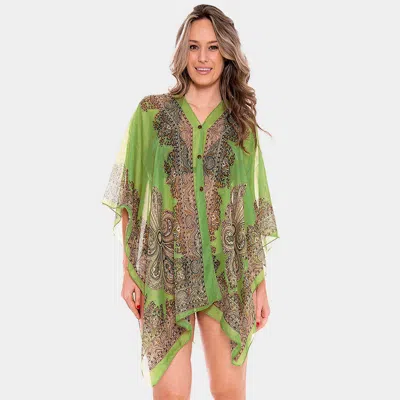 Fashnzfab Button Detail Paisley Print V-neck Cape Poncho In Green