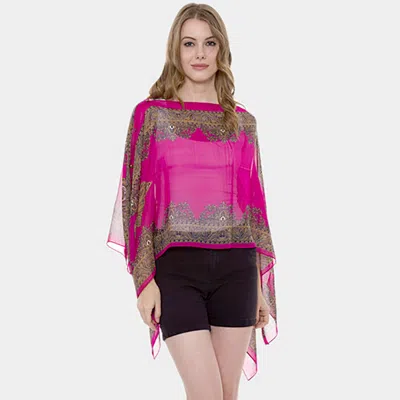 Fashnzfab Button Detail Paisley Print V-neck Cape Poncho In Pink