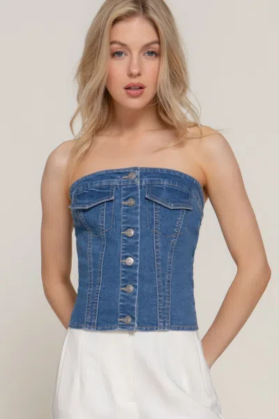 Fashnzfab Button Down Placket Stretch Denim Tube Top In Blue