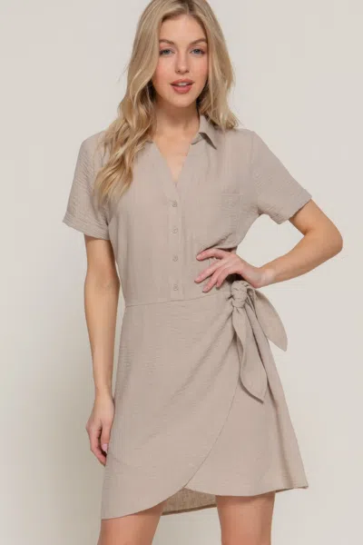 Fashnzfab Button Down Side Bow Linen Effect Mini Dress