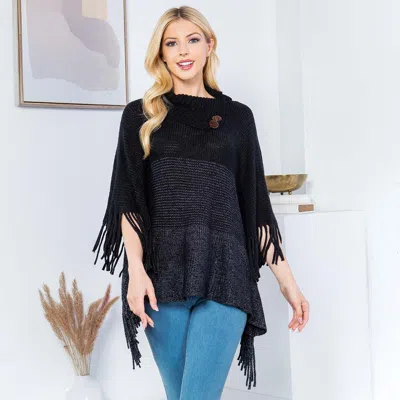 Fashnzfab Button Neckline Fringe Trim Gradient Color Block Knit Poncho In Black