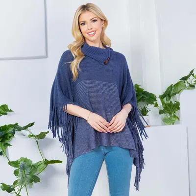 Fashnzfab Button Neckline Fringe Trim Gradient Color Block Knit Poncho In Blue