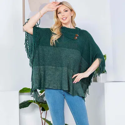 Fashnzfab Button Neckline Fringe Trim Gradient Color Block Knit Poncho In Green