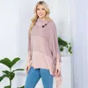 Fashnzfab Button Neckline Fringe Trim Gradient Color Block Knit Poncho In Pink