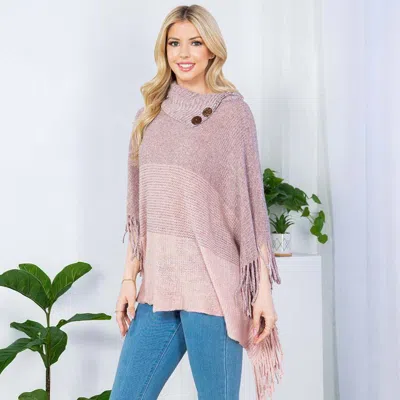 Fashnzfab Button Neckline Fringe Trim Gradient Color Block Knit Poncho In Pink