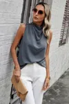 Fashnzfab Button Trim Layered Collar Sleeveless Blouse