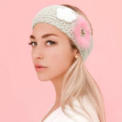 Fashnzfab Button Up Knit Flower Earmuff Headband In White