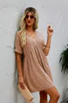 Fashnzfab Button V Neck Short Sleeve Tunic Short Dress