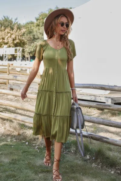 Fashnzfab Button V Neck Tiered Short Sleeve Midi Dress