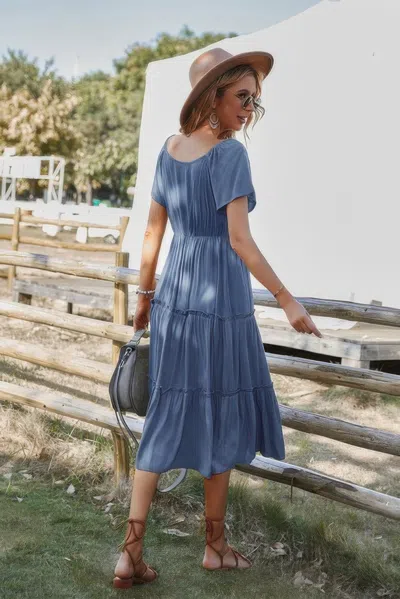 Fashnzfab Button V Neck Tiered Short Sleeve Midi Dress In Blue
