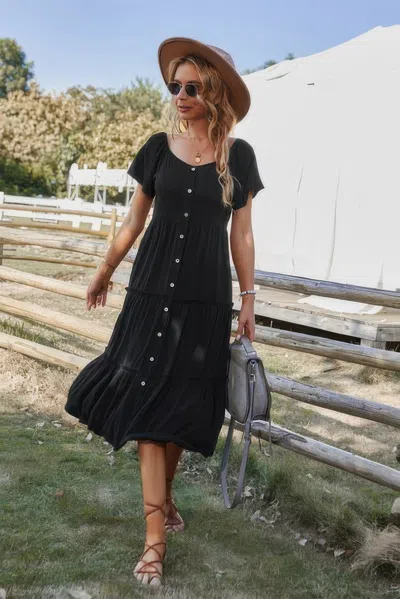 Fashnzfab Button V Neck Tiered Short Sleeve Midi Dress