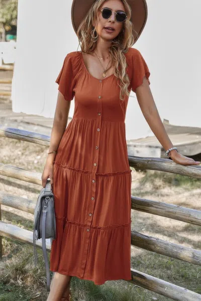 Fashnzfab Button V Neck Tiered Short Sleeve Midi Dress