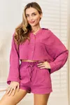 Fashnzfab Buttoned Long Sleeve Top And Shorts Set In Multi