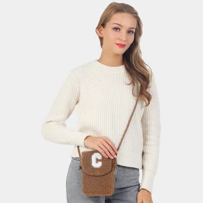 Fashnzfab C Initial Monogram Sherpa Crossbody Cellphone Bag In Brown