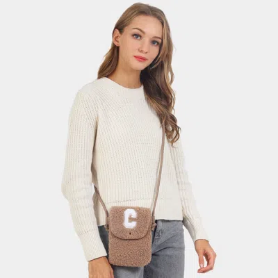 Fashnzfab C Initial Monogram Sherpa Crossbody Cellphone Bag In Gray