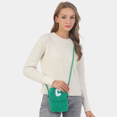 Fashnzfab C Initial Monogram Sherpa Crossbody Cellphone Bag In Green