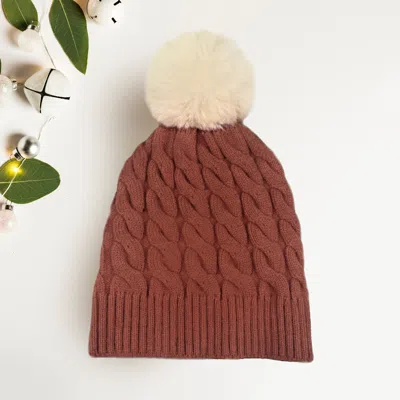 Fashnzfab Cable Knit Faux Fur Pom Pom Beanie Hat In Brown