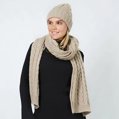 Fashnzfab Cable Knit Hat Scarf Set In Sand
