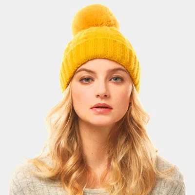Fashnzfab Cable Knit Pom Pom Solid Beanie Hat In Yellow