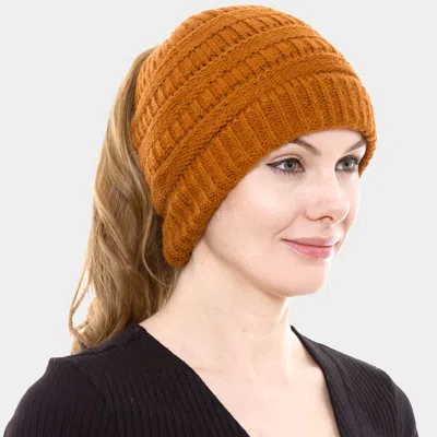 Fashnzfab Cable Knit Ponytail Beanie Hat In Beige