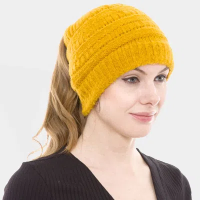 Fashnzfab Cable Knit Ponytail Beanie Hat In Gold