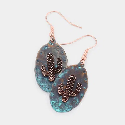 Fashnzfab Cactus Accented Irregular Metal Oval Dangle Earrings In Blue
