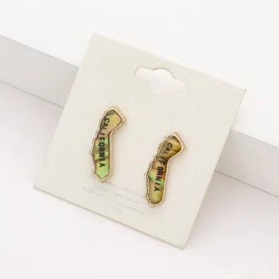Fashnzfab California State Map Abalone Stud Earrings - Abalone, Gold In Green