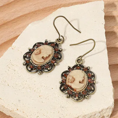 Fashnzfab Cameo Accented Floral Metal Dangle Earrings In Brown