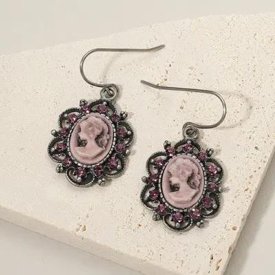 Fashnzfab Cameo Accented Floral Metal Dangle Earrings In Purple