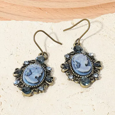 Fashnzfab Cameo Accented Stone Embellished Dangle Earrings - Blue, Gold Burnished