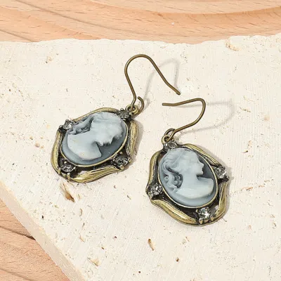 Fashnzfab Cameo Accented Stone Embellished Dangle Earrings - Gold Burnished, Gray In Green