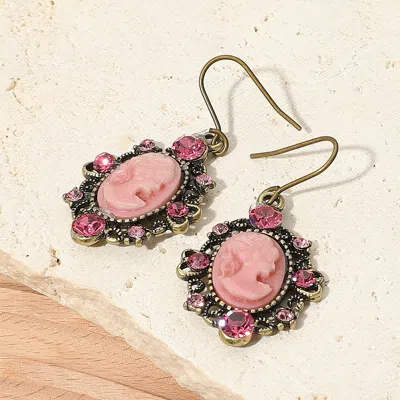 Fashnzfab Cameo Accented Stone Embellished Dangle Earrings - Gold Burnished, Pink In Black