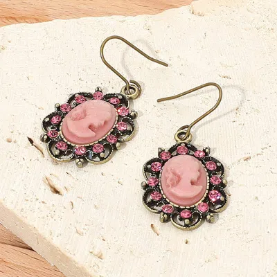 Fashnzfab Cameo Accented Stone Embellished Dangle Earrings - Pink, Silver Burnished In Brown