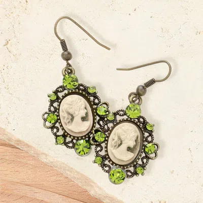 Fashnzfab Cameo Accented Stone Embellished Dangle Earrings In Green