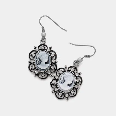 Fashnzfab Cameo Accented Stone Embellished Dangle Earrings In Grey
