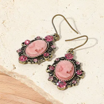 Fashnzfab Cameo Accented Stone Embellished Dangle Earrings In Pink