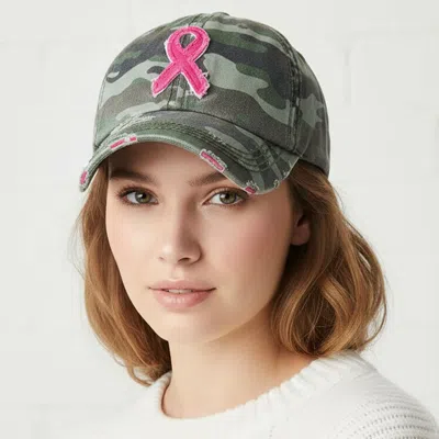 Fashnzfab Camouflage Patterned Pink Ribbon Accented Vintage Baseball Cap In Multi