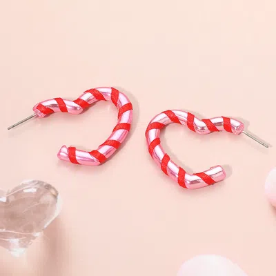 Fashnzfab Candy Cane Open Heart Hoop Earrings Light, Pink In Silver