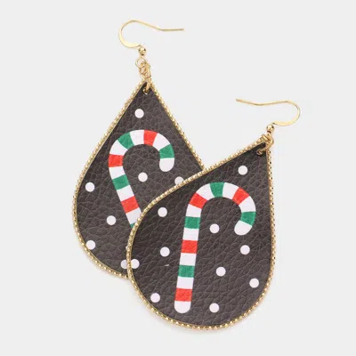 Fashnzfab Candy Cane Print Faux Leather Teardrop Earrings In Black