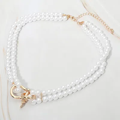 Fashnzfab Carabiner Accent Double Layered Pearl Necklace In Silver