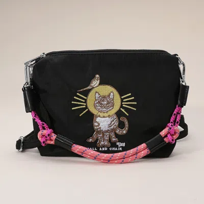 Fashnzfab Cat Character Embroidered Shoulder Bag In Black