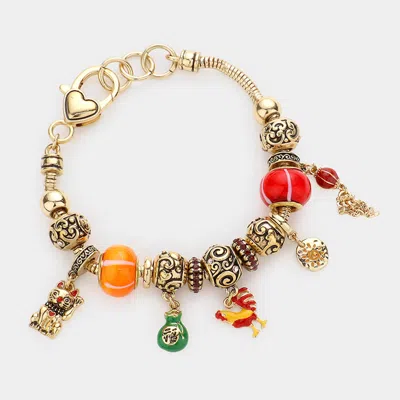 Fashnzfab Cat Lucky Bag Rooster Sun Chain Charm Multi Bead Bracelet In Silver