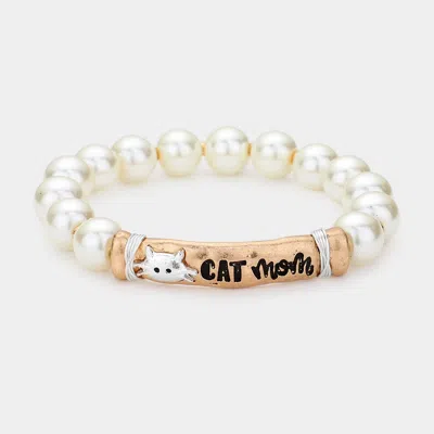 Fashnzfab Cat Mom Message Pearl Stretch Bracelet Worn Gold In Multi