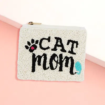 Fashnzfab Cat Mom Message Seed Beaded Mini Pouch Bag In White