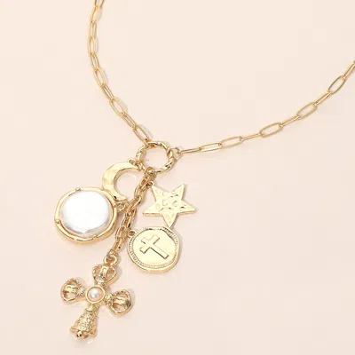 Fashnzfab Celestial Cross Star Pearl Disc Charm Drop Pendant Necklace In Multi
