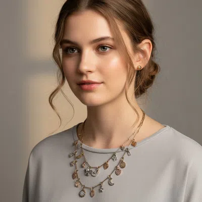 Fashnzfab Celestial Heart Moon Star Angel Charm Station Layered Necklace In Silver